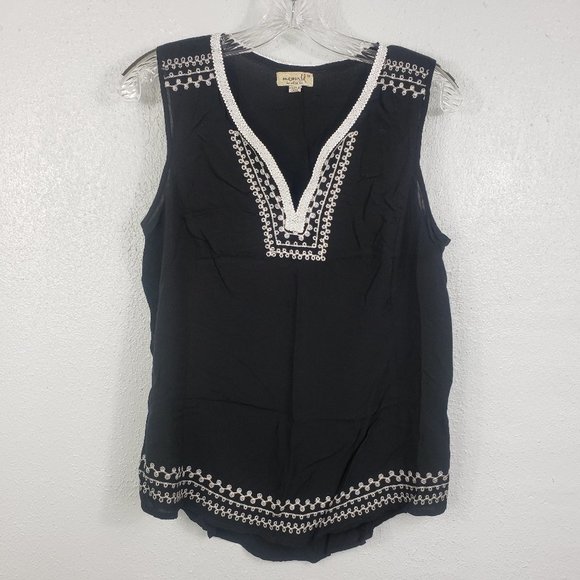 One World Tops - One World Women's Black Embroidered V Neck Shirt Blouse Tank Top